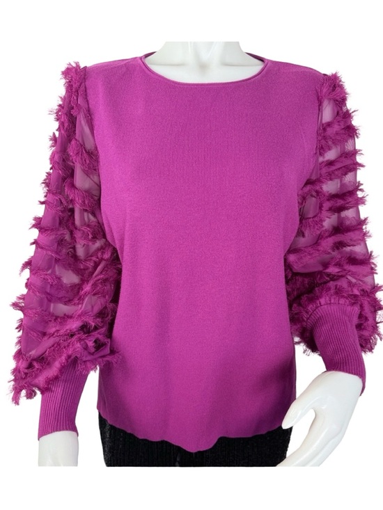 Sioni Sweaters - Sioni Fuchsia Fringe Trim Bishop Sleeve Sweater Size L